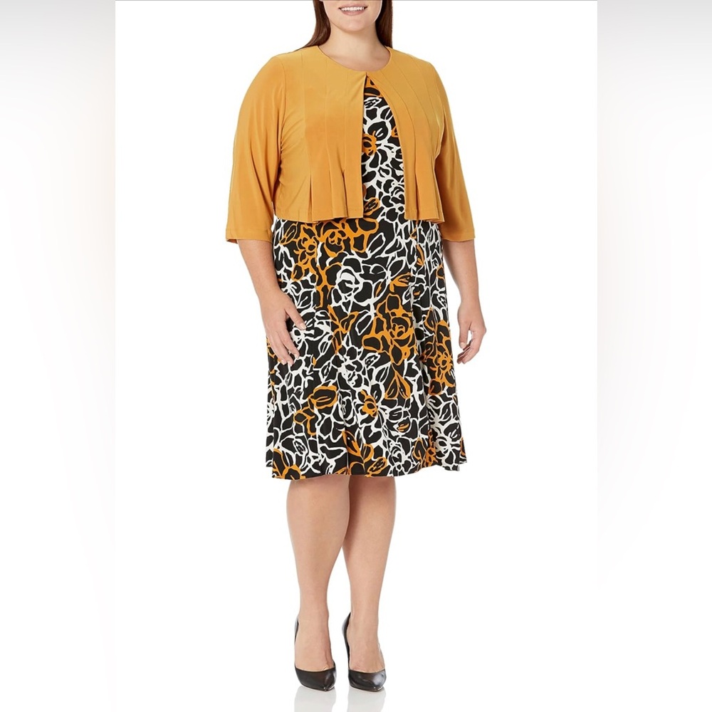 Julian Taylor Mustard Yellow Black Floral Midi Dress Jacket Set Women’s Size 18W